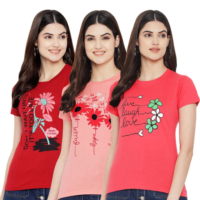 Preneum Womens Cotton Regular Fit Latest Graphic Stylish Printed Short Sleeves Casual T-Shirt || Trending & Styles (Pack 3), Pi