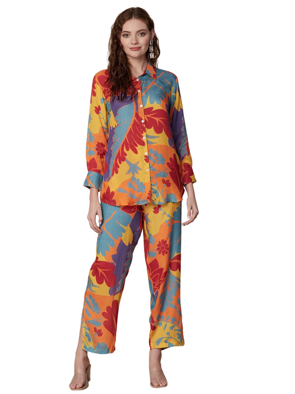 PATLANI Womens Co-ord Set (Red leavs Printed Crop Shirt & Elasticated Waist Pant Set)