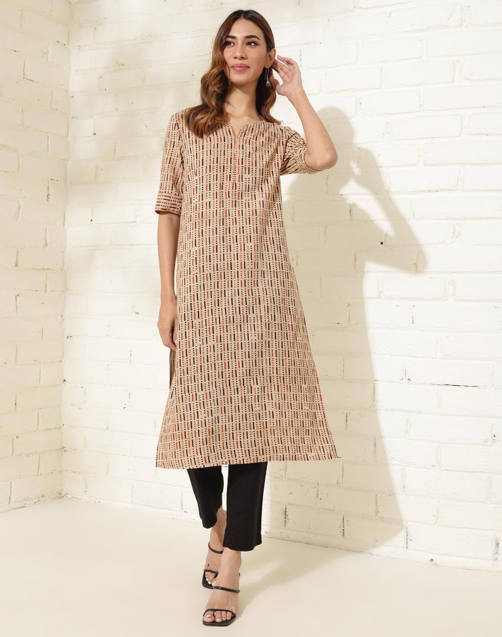 Fabindia WomenS Cotton Printed Regular Kurta (1037284Beige_Beige