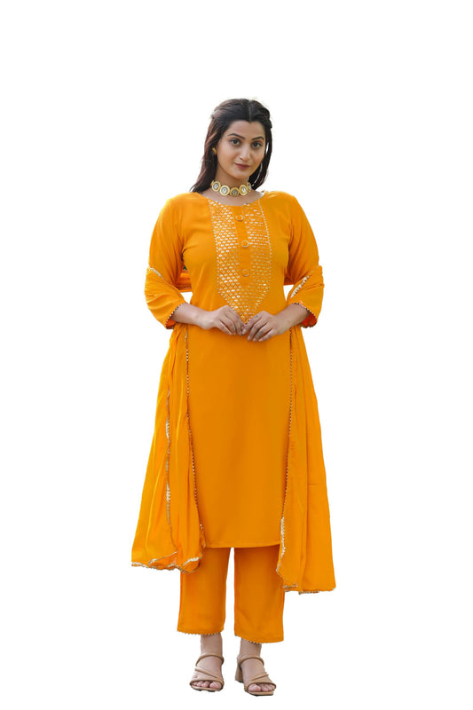 Womanista Women Yellow Crepe Mirror work kurta set with dupatta