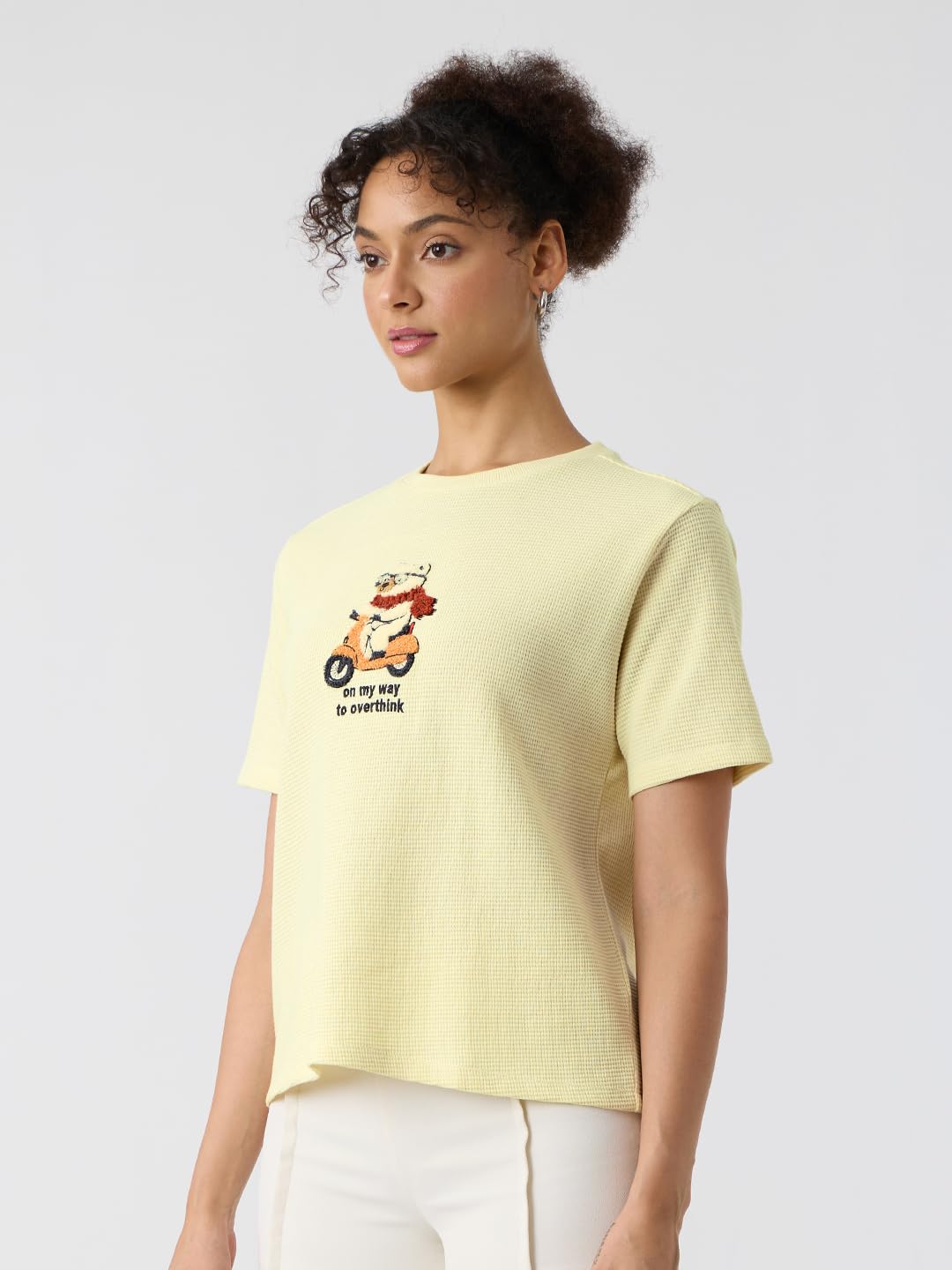 The Souled Store Textured T-Shirt: On My Way to Overthink Women and Girls Short Sleeves Round Neck Off White Embroidered Cotton