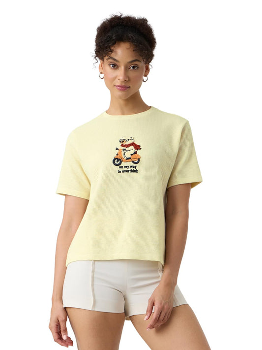 The Souled Store Textured T-Shirt: On My Way to Overthink Women and Girls Short Sleeves Round Neck Off White Embroidered Cotton
