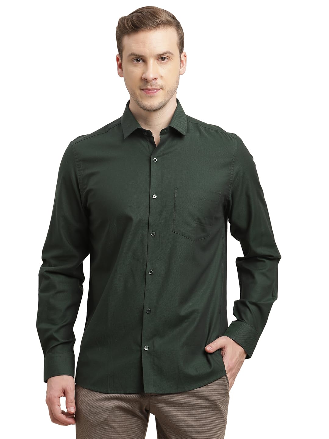 Turtle Men 100% Cotton Slim Fit Dark Green Dobby Print Full Sleeve Formal Shirt