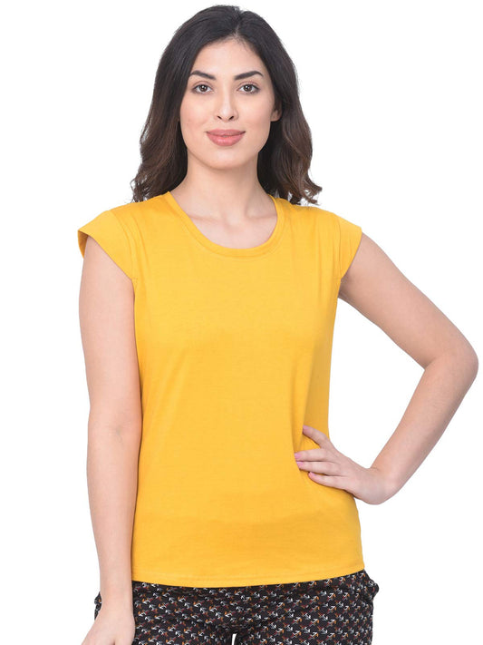 Clovia Womens Cotton Rich Solid Cap Sleeve T-Shirt (LT0142P07_Yellow_S)