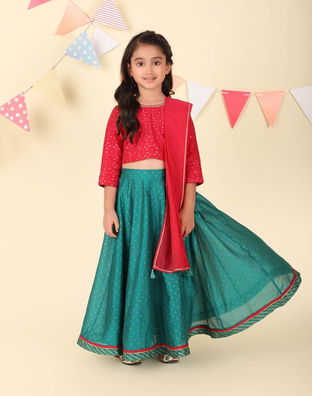 Fabindia Teal Cotton Silk Hand Block Printed 3Pc Lehenga Set