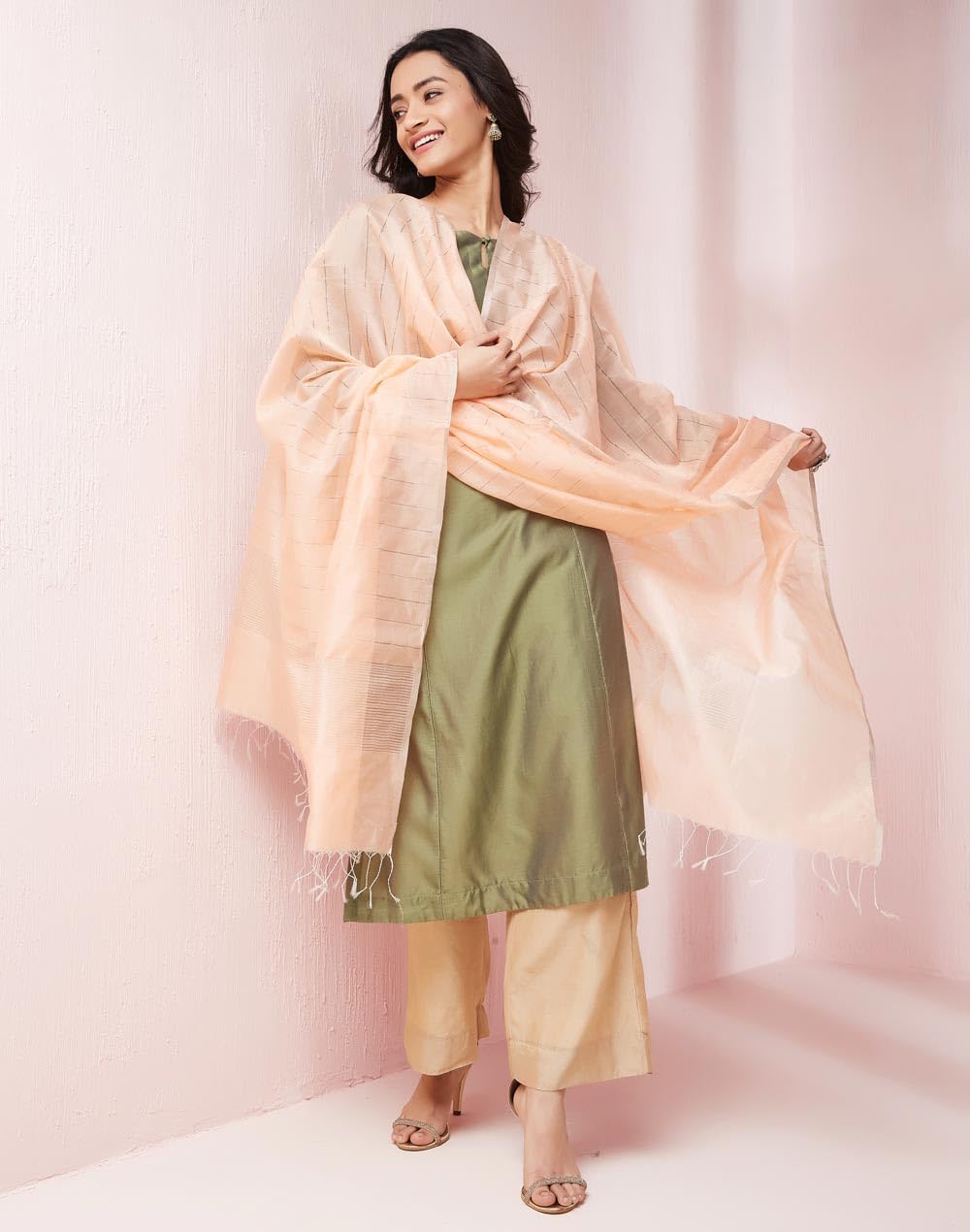 Fabindia Peach Cotton Silk Blend Woven Stripes Dupatta (2.5m x 92cm) (Free Size)