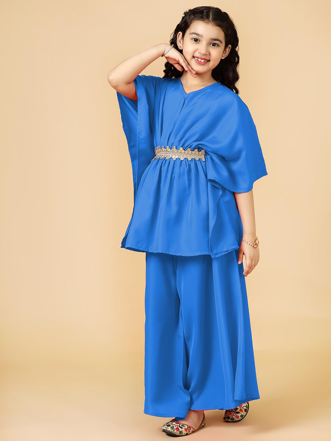 A.T.U.N. (ALL THINGS UBER NICE) Girls Solid Polysilk Turquoise Kaftan with Flared Pant Set