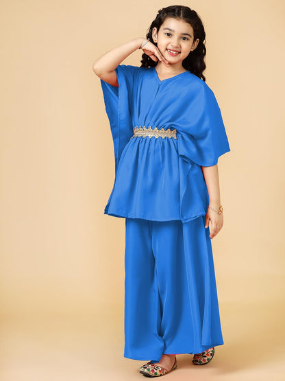 A.T.U.N. (ALL THINGS UBER NICE) Girls Solid Polysilk Turquoise Kaftan with Flared Pant Set