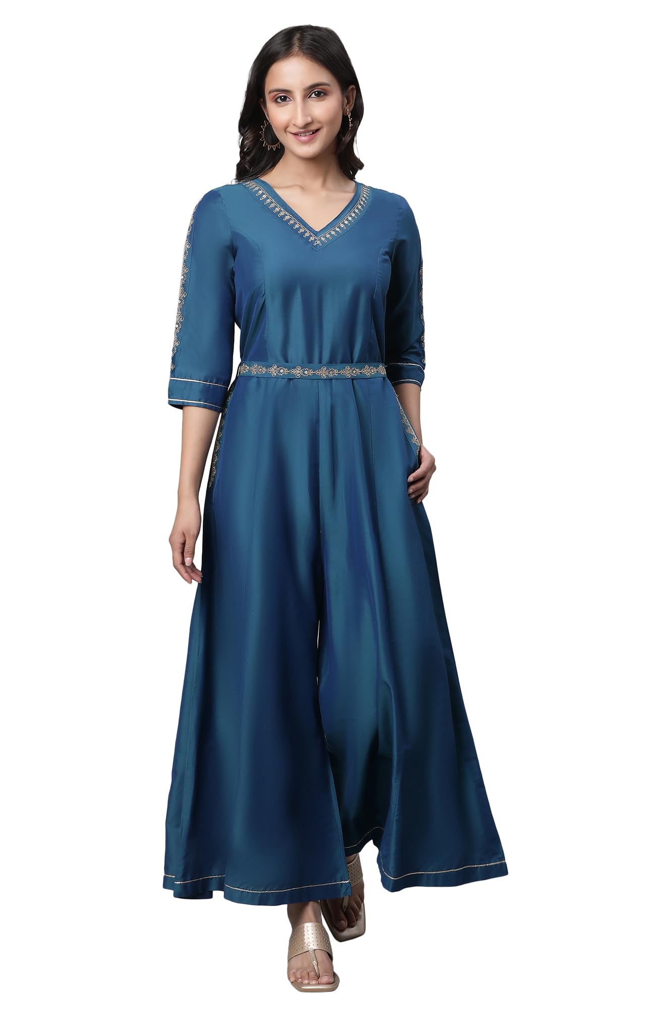 Aurelia Women Teal Solid Yarn Dyed Viscose Poly Straight Jumpsuit