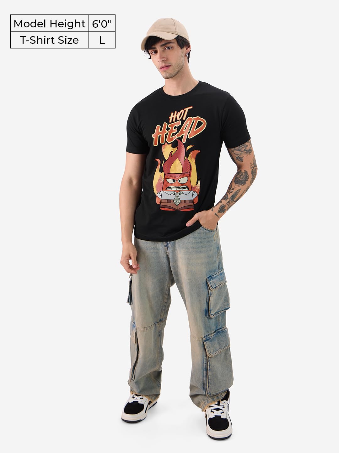 The Souled Official Store Inside Out: Hot Head Men and Boys Short Sleeves Round Neck Black Graphic Printed Regular Fit Cotton T-