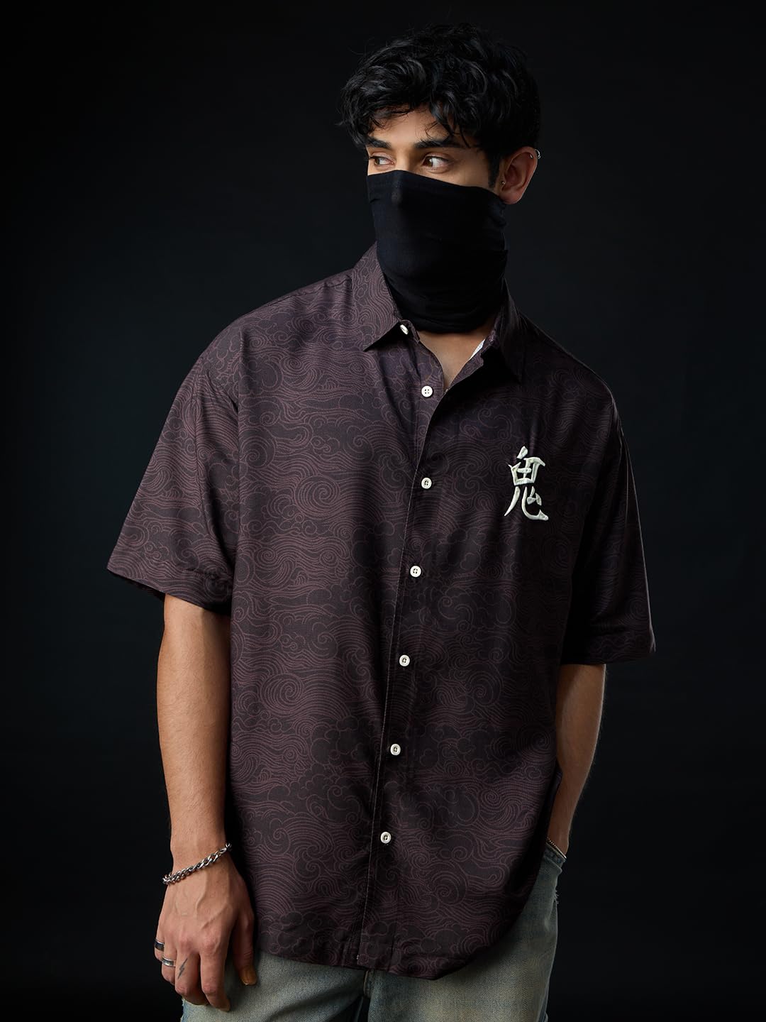 The Souled Store: The Last Shogun Men and Boys Short Sleeve Collared Neck Button Front Dark Brown Graphic Printed Rayon Oversize
