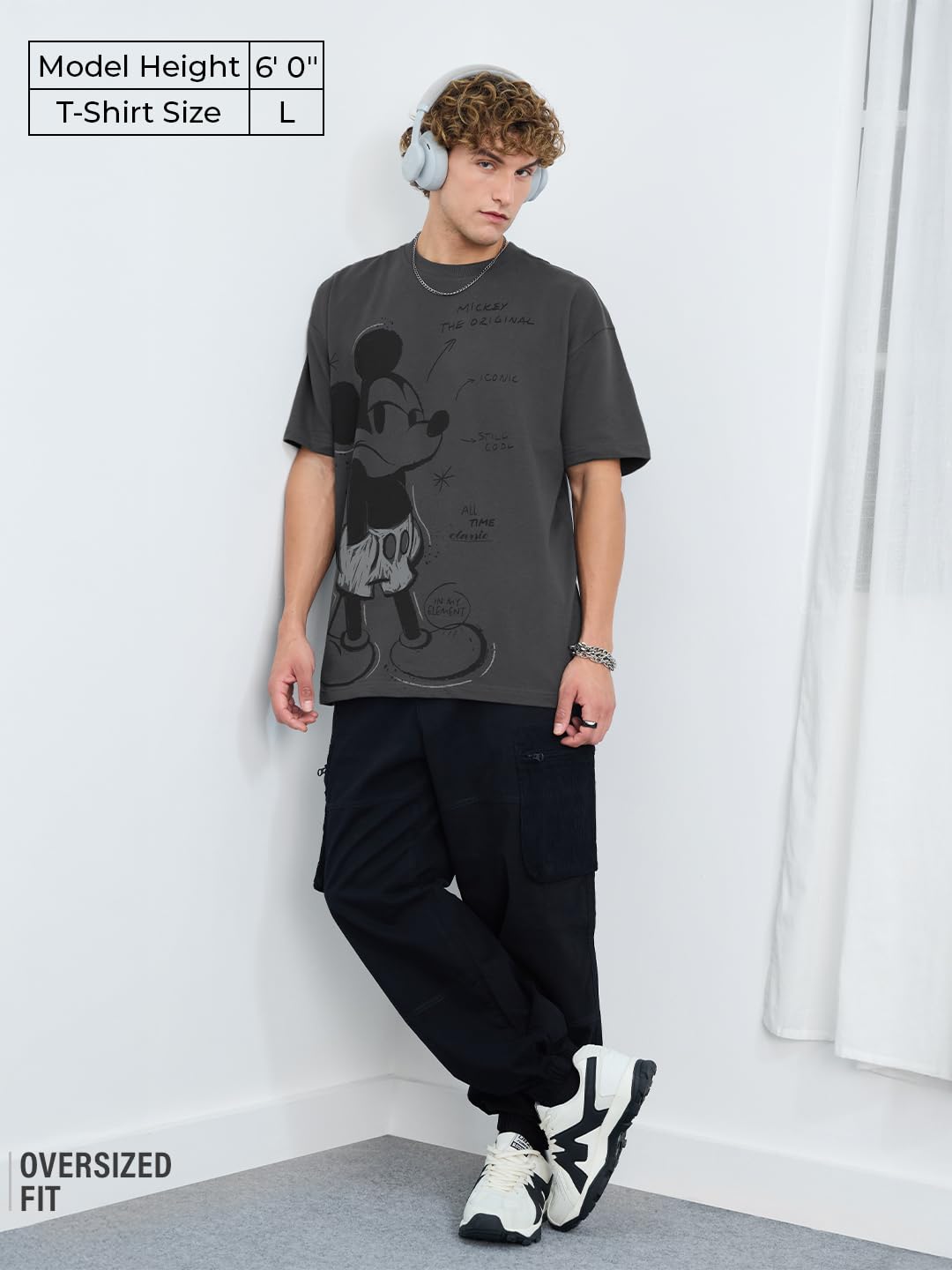 The Souled Store Disney: Mickey Mouse Men and Boys Short Sleeves Round Neck Black Graphic Printed Cotton Oversized T-Shirts