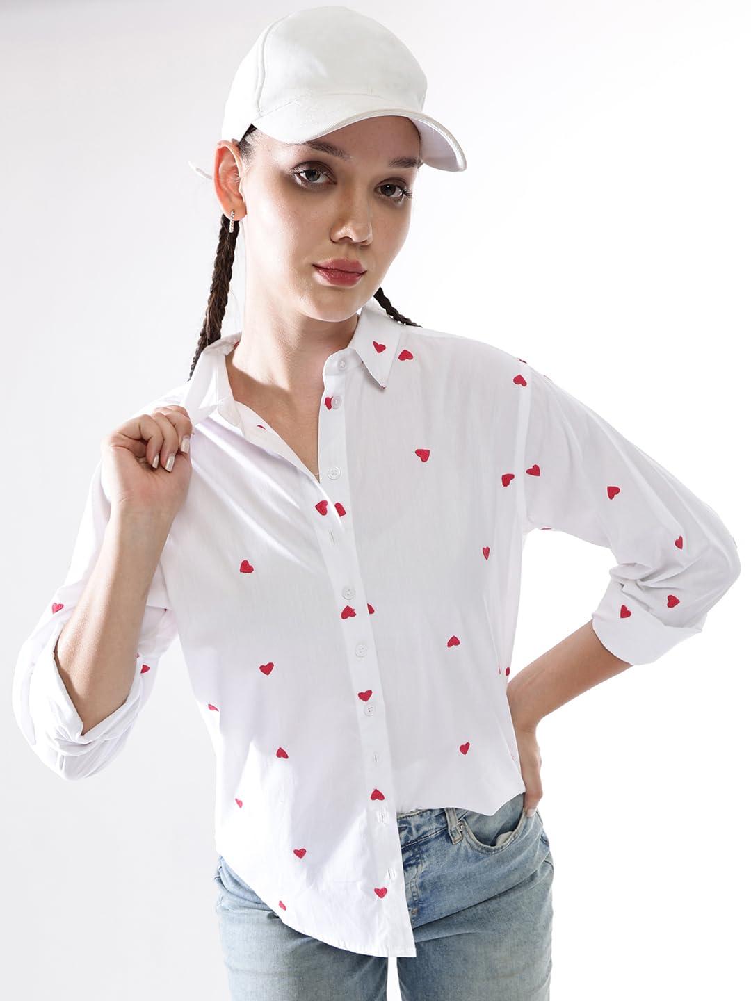 Hubberholme Women Oversized 100% Cotton Embroidered Spread Collar Shirts-4
