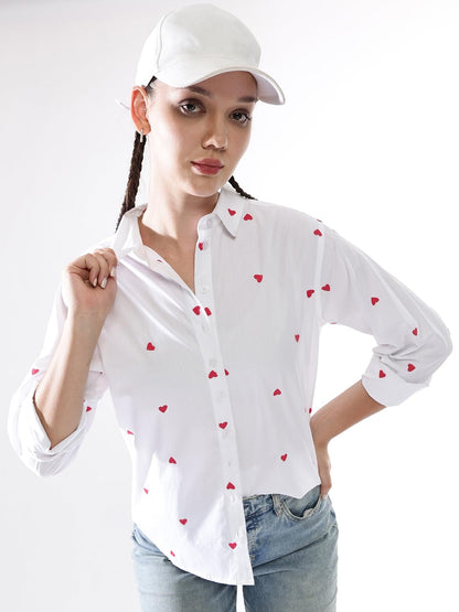 Hubberholme Women Oversized 100% Cotton Embroidered Spread Collar Shirts-4