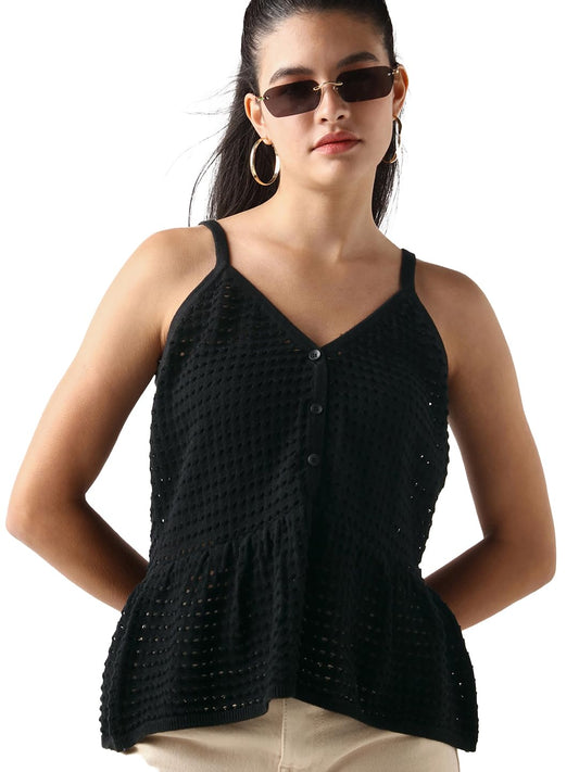 Bewakoof Womens Textured Regular Fit Sleeveless V-Neck 100% Cotton Flat Knit Short Top_646222_Black_M