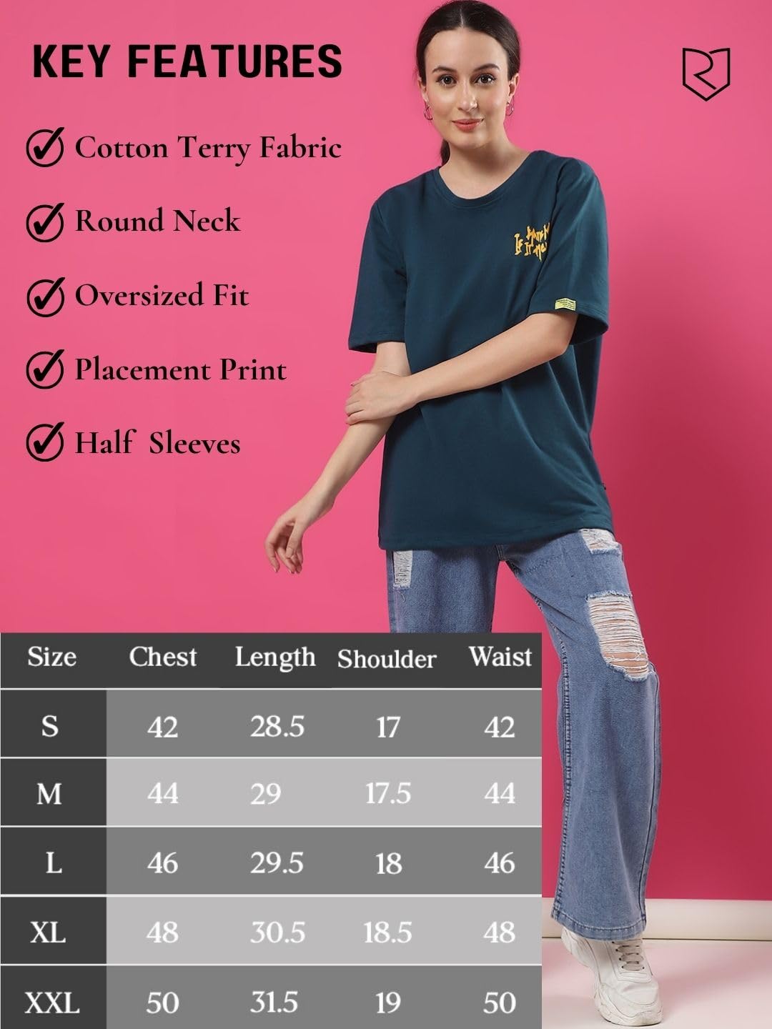Rigo Terry Printed Oversized T-Shirt for Women | Drop Shoulder, Half Sleeves T-Shirt for Women | Oversized Baggy Fit T-Shirt for