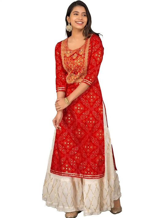 GoSriKi Women's Rayon Straight Kurti with White Sharara Palazzo (SAINA 1001)