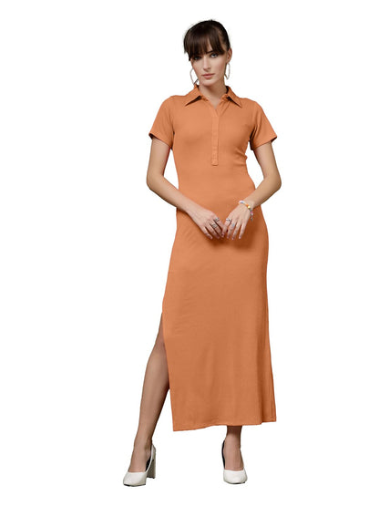 OOMPH! Womens Western & Fusion wear Stretchable Ribbed Lycra Shirt Dress for Women, Bodycon, Orange - md1117