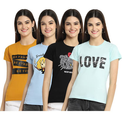 Preneum Womens Cotton Regular Fit Latest Graphic Stylish Printed Short Sleeves Casual T-Shirt || Trends & Stylish (Pack 4), Met