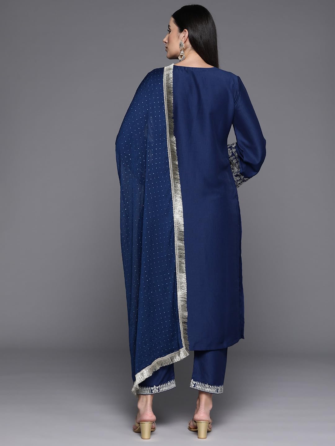 Varanga Women Blue Embroidered Straight Kurta with Tonal Bottom and Dupatta for Formal and Festive Occasions