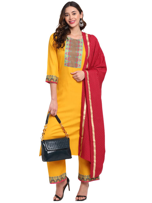 ANNI DESIGNER Women's Cotton Straight Kurta with Palazzo & Dupatta (KPZD-COT-10038-YELLOW)