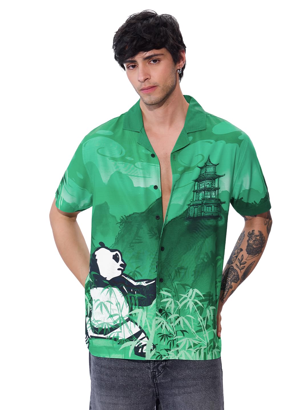 The Souled Store Official Kung Fu Panda: Chi Power Mens and Boys Short Sleeves Collared Neck Button Front Multicolor All Over Pr