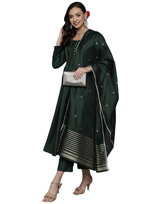 ANNI DESIGNER Women's Cotton Silk Blend Solid Anarkali Kurta and Pant with Dupatta (Carrom)
