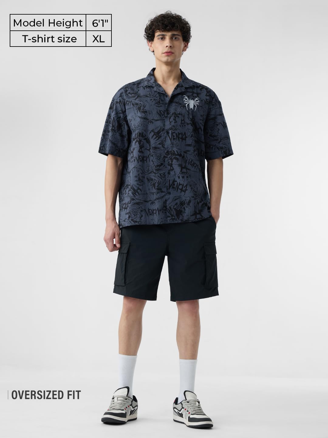 The Souled Store Venom: Pure Destruction Men and Boys Short Sleeves Collared Neck Button Front Grey All Over Printed Cotton Regu