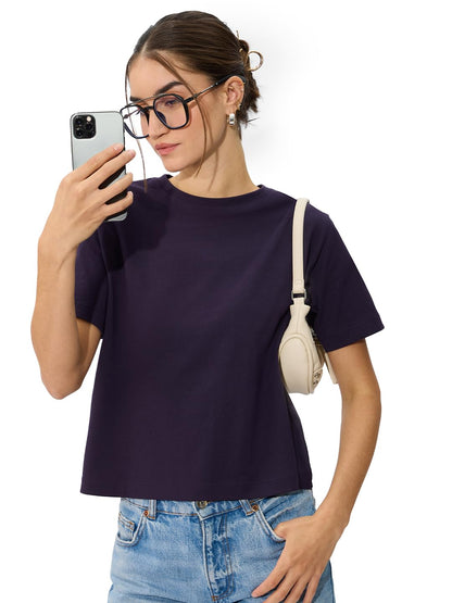 The Souled Store Solids: Berry Cotton Women & Girls Short Sleeve Round Neck Graphic Printed Relaxed Fit T-Shirts