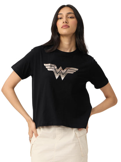 The Souled Store Wonder Woman: Logo Women and Girls Short Sleeves Round Neck Black Graphic Printed Cotton Relaxed Fit T-Shirts