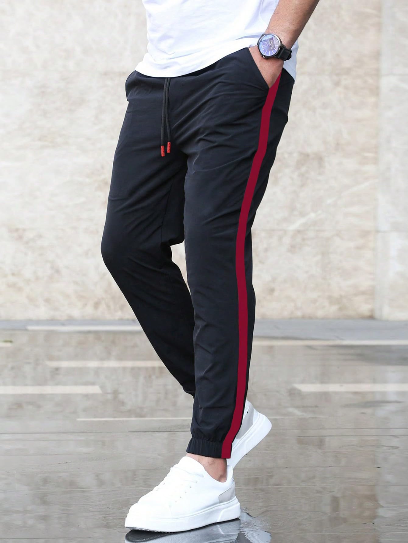 Shasmi Mens Athletic Jogger Black and Red Contrast Side Color Block Patchwork Drawstring Waist Track Pant with Slit Pockets, Mi