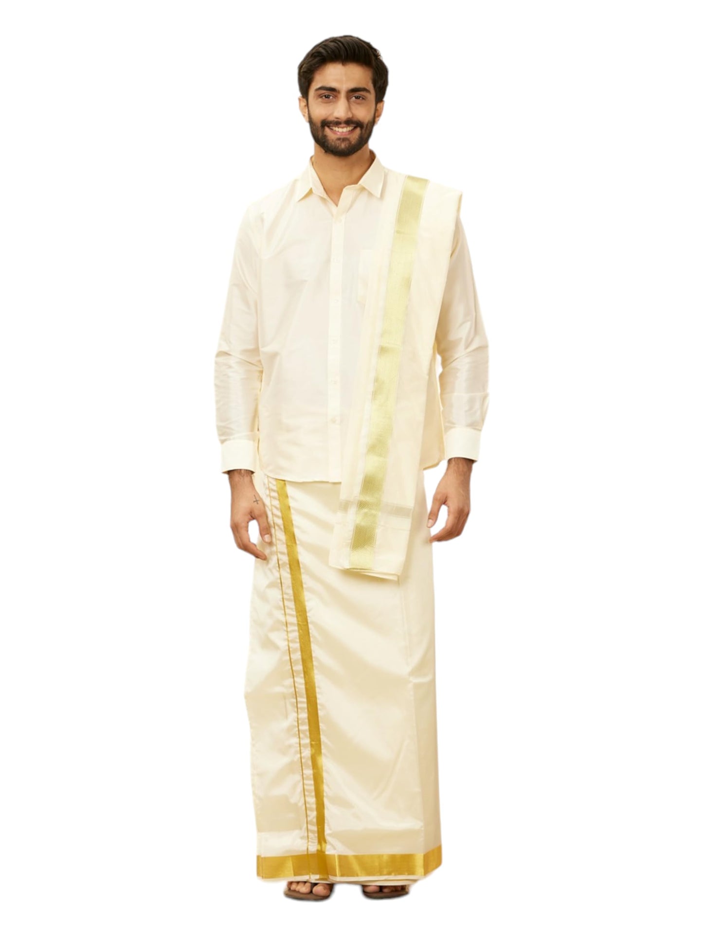 Manyavar Mens Cream Art Silk Solid Kurta Veshti Set