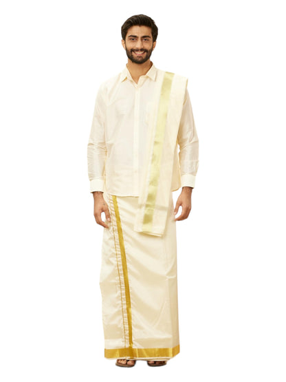 Manyavar Mens Cream Art Silk Solid Kurta Veshti Set