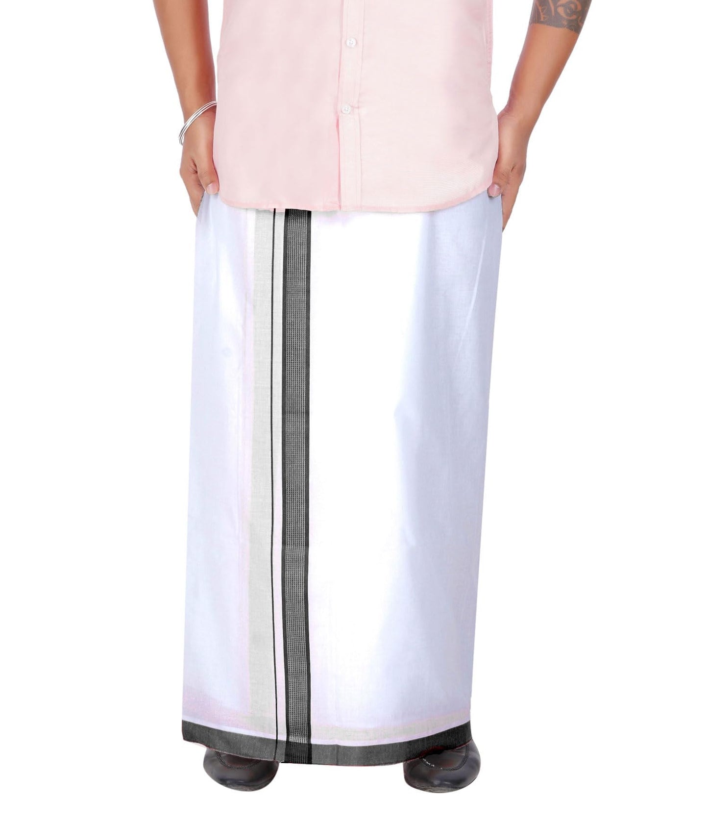 Prakasam Cotton MenS Double White Dhoti With Dobby Design Border (1.30 X 3.60 Meter)