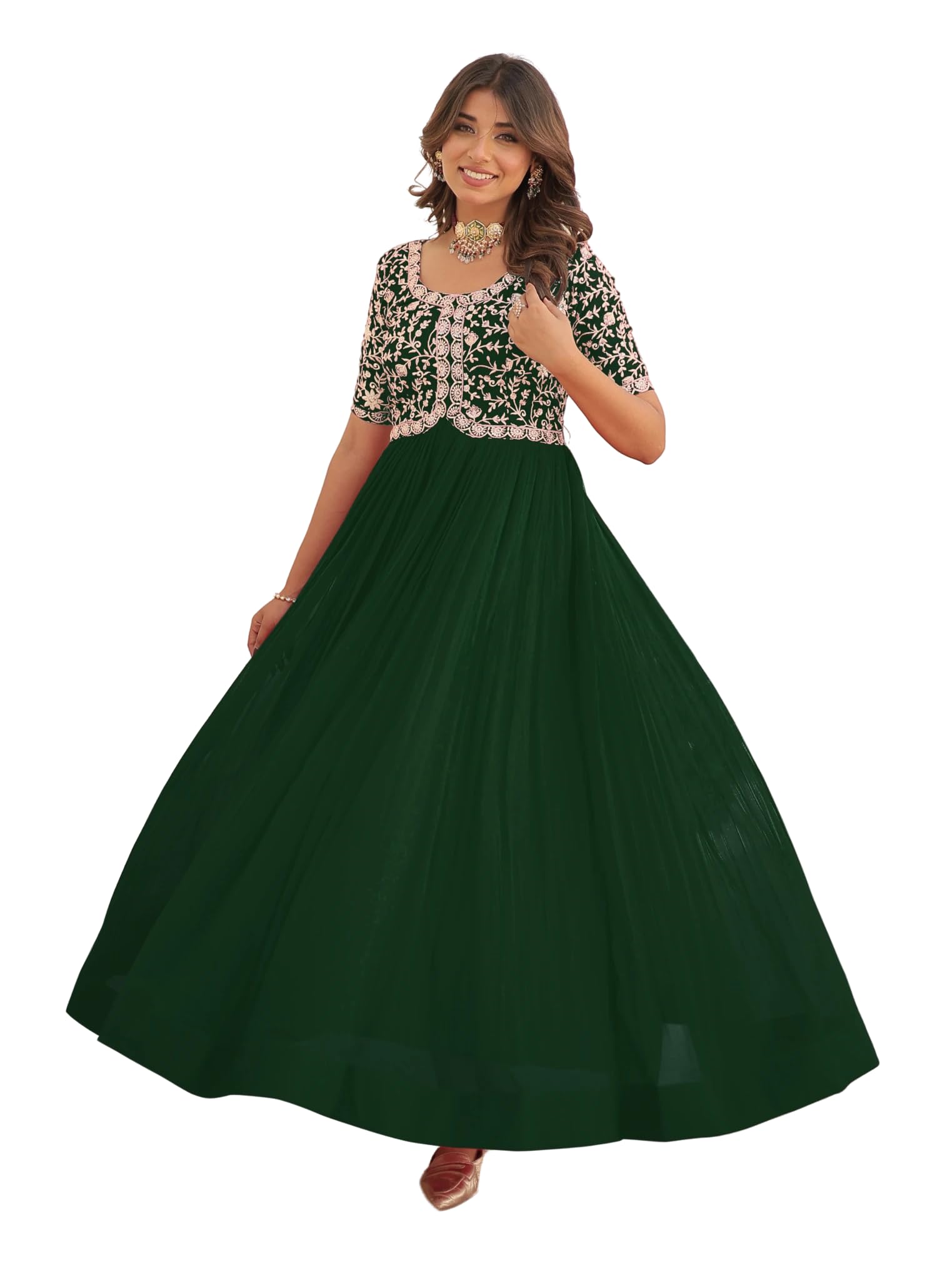 Wedani Georgette Embroidered Long Gown for Women Green
