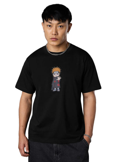 The Souled Store Naruto Shippuden: Chibi Pain Men and Boys Short Sleeves Round Neck Black Embellished Cotton Relaxed Fit Lightwe