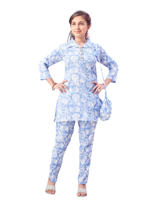 Aarika Girls Casual Wear Sky Blue Colour Floral Print Polyester Co-ord Set-8-15 Years (KP-TR-K-951)