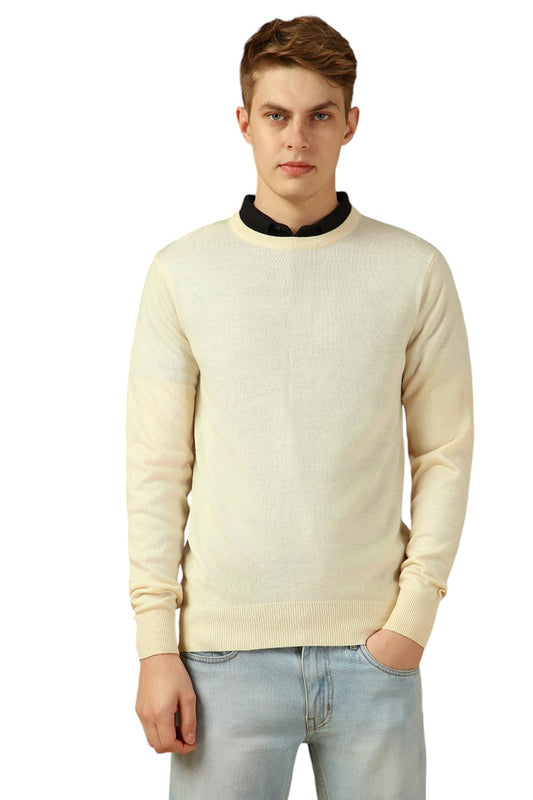 Dennis Lingo Men Off White Solid Slim Fit Full Sleeve Crew Pullover Sweater