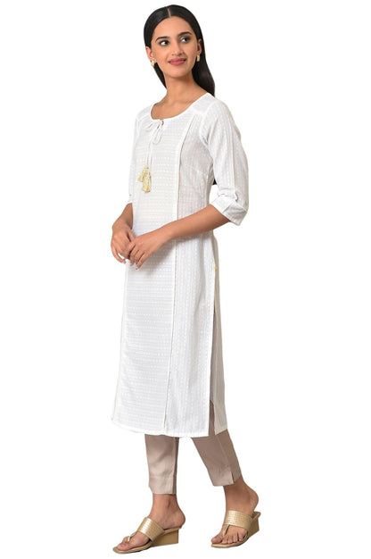 Aurelia White Self-Design Cotton Straight Long Kurta For Women