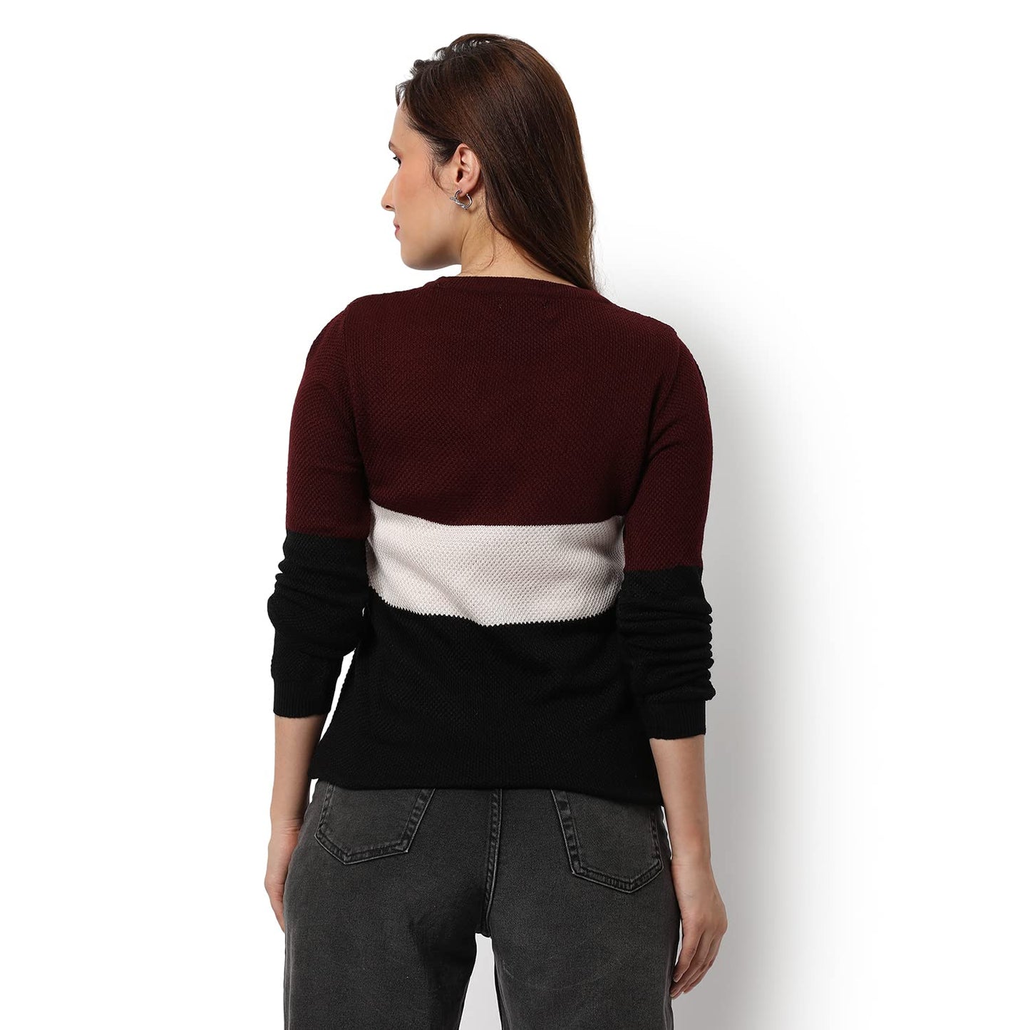 Campus Sutra Women Maroon Colour-Blocked Regular Fit Sweater for Winter Wear | Round Neck | Full Sleeve | Woolen Sweater | Casua