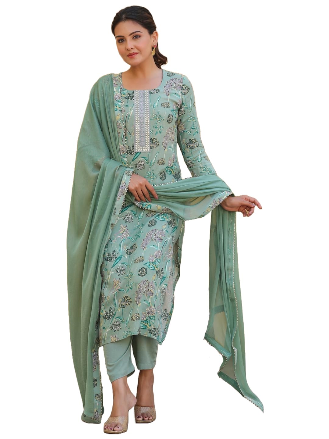 Gosriki WomenS Rayon Blend Printed Straight Kurta With Pant & Dupatta (Vice Green-Gs_3Xl_Green_Xxx-Large)