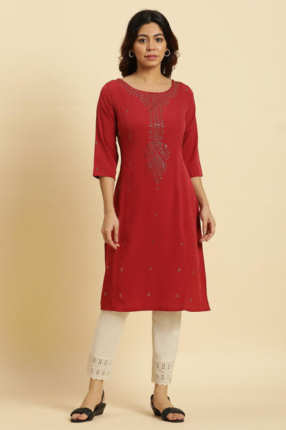 W for Woman Womens Polyester Polka Dot Regular Kurta (23AUSTKW10467-119293_Deep Red