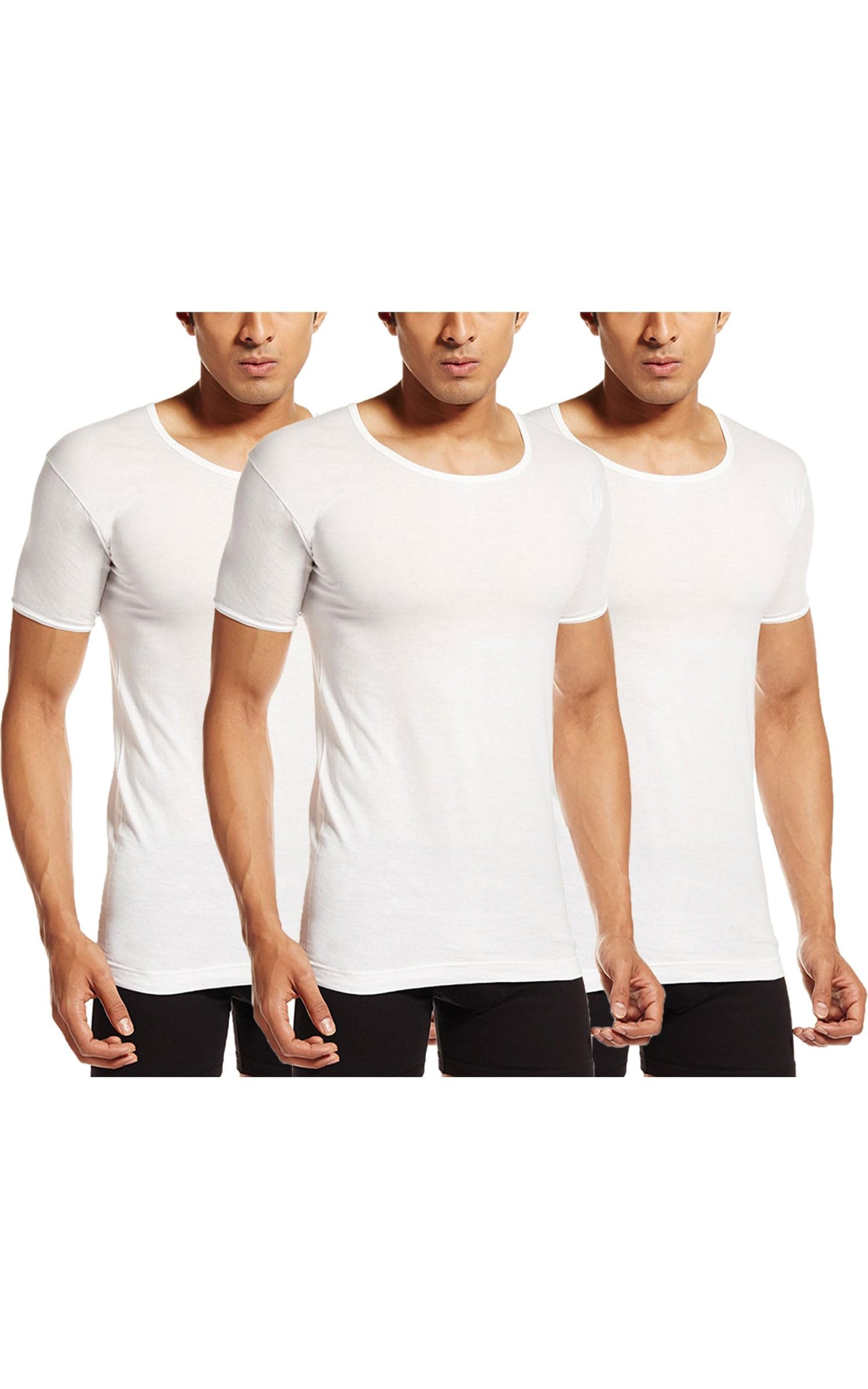 PRAKASAM COTTON Mens Combed Cotton Round Neck Half Sleeve White Vest with Extended Length for Easy Tuck (Gold) Pack of 3