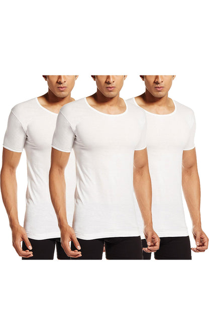 PRAKASAM COTTON Mens Combed Cotton Round Neck Half Sleeve White Vest with Extended Length for Easy Tuck (Gold) Pack of 3