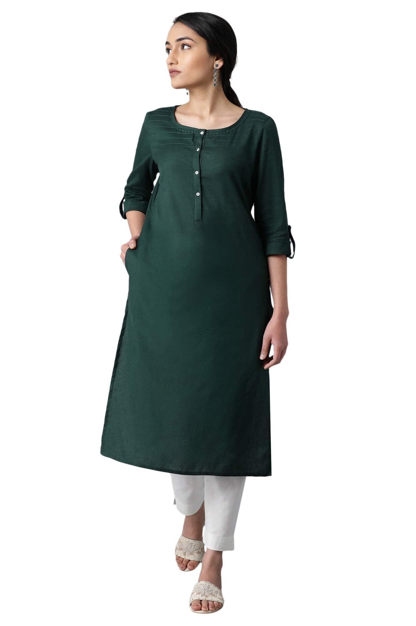 W for Woman Cotton Blend Women Round Neck Solid Regular Kurta