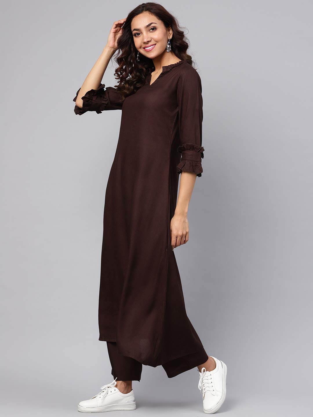 Idalia Maroon Rayon Solid Straight Kurta Set For Women 3/4 Sleeve, Round V Neck Designer Kurta With Pant