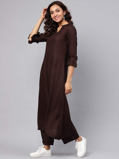 Idalia Maroon Rayon Solid Straight Kurta Set For Women 3/4 Sleeve, Round V Neck Designer Kurta With Pant