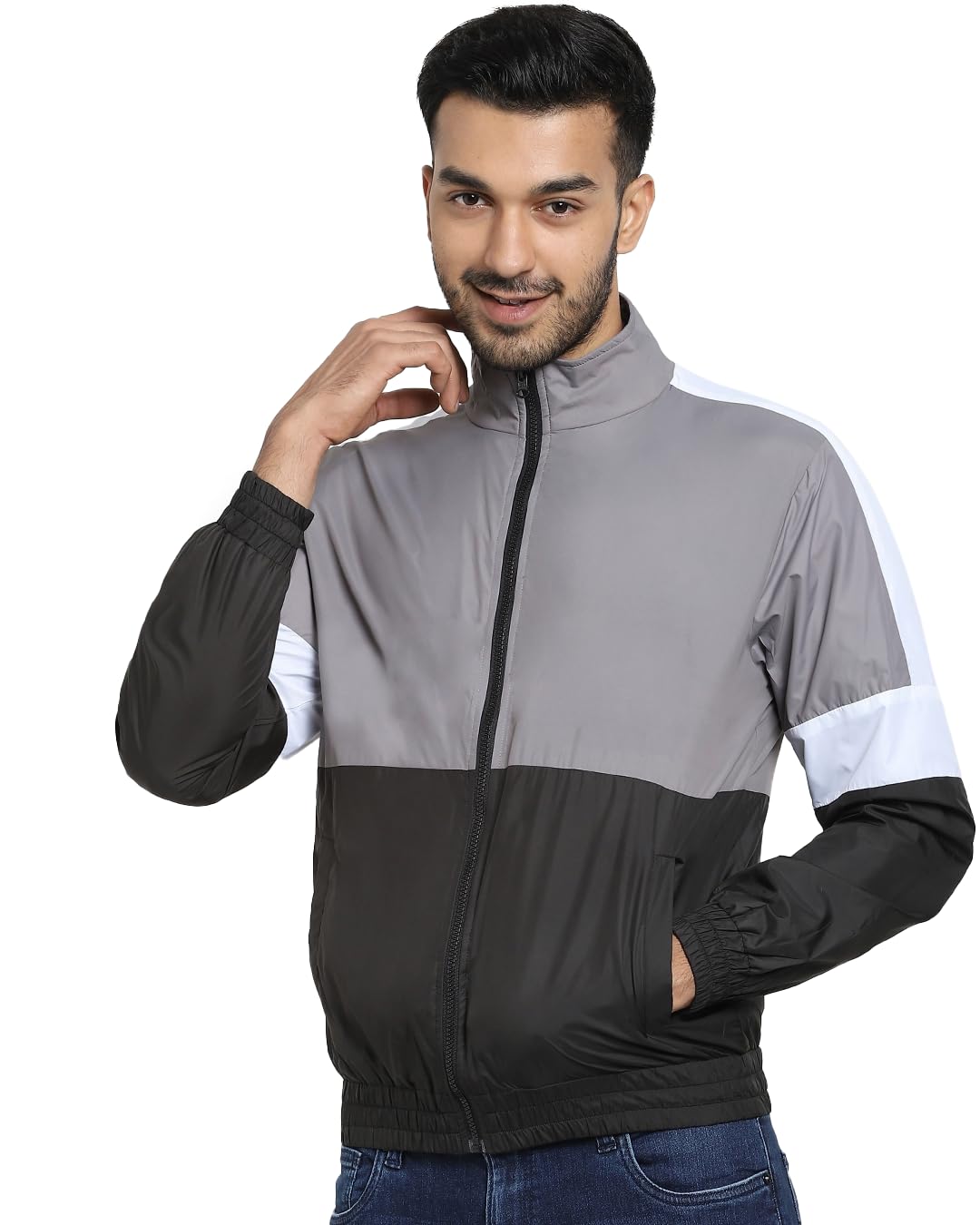 Bewakoof Air 1.0 Mens Color Block Regular Fit Full Sleeve Round Neck Polyester Windcheater Jacket 364950 Grey XL