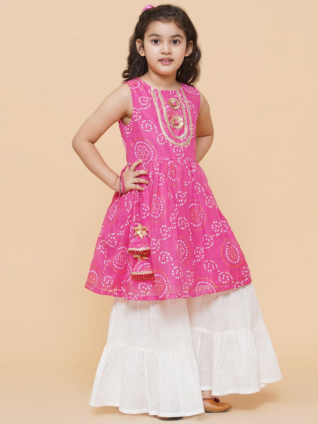 Naixa Girls Pink Rayon Round Neck Sleeveless Flared-Fit Floral Printed Kurta And Sharara With Dupatta Set | Traditional Printed