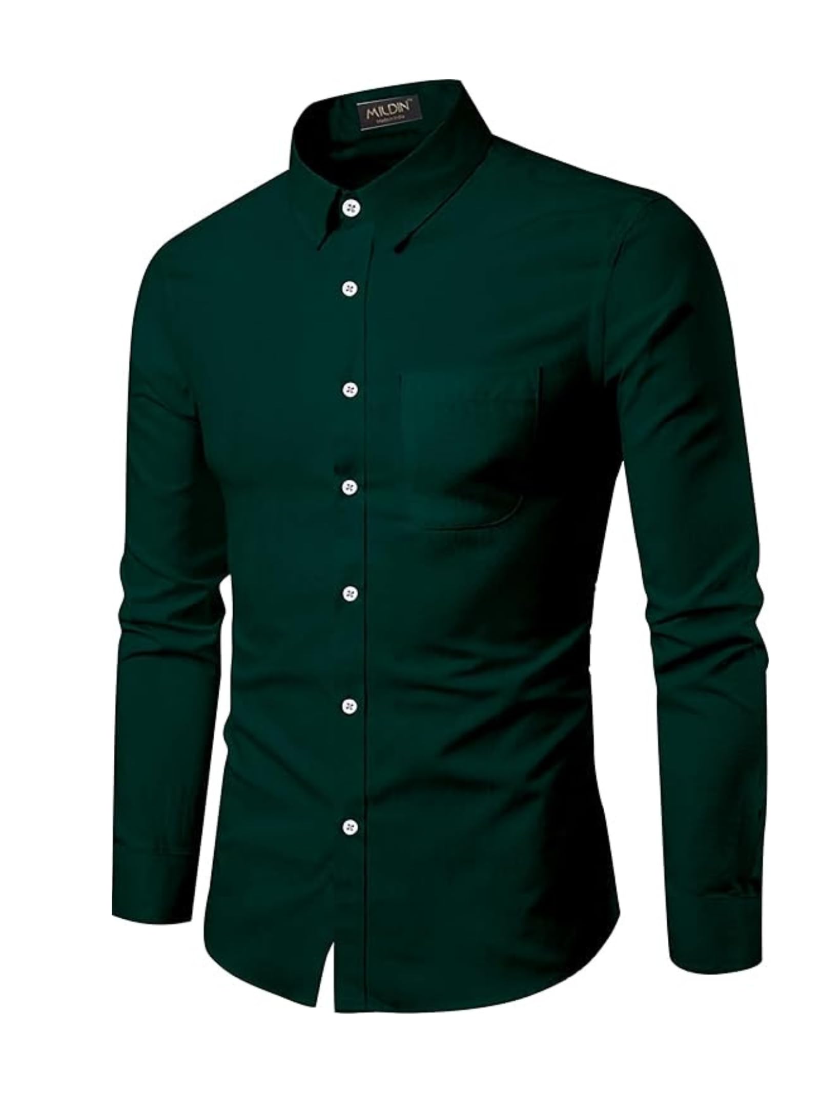 Mildin MenS Regular Cotton Blend Dark Green Slim Fit Solid Button Down Spread Collar Full Sleeve Curved Hemline Formal Shirt Wi